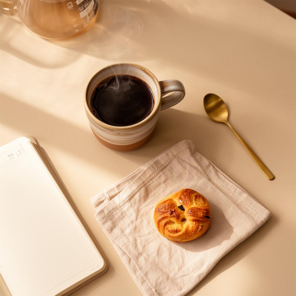 Pour-over coffee and pastry on a linen napkin