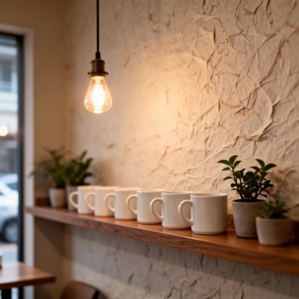 Wooden shelf with ceramic mugs and pendant light